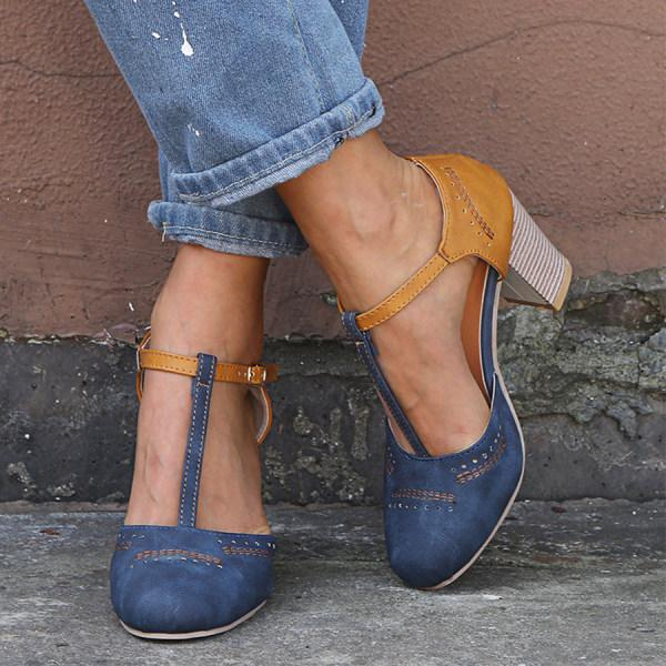 Thea | Women's Leather Two-Tone Block Heel T-Bar Court Shoes