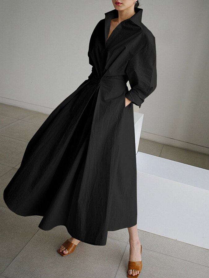Thea | Women's Linen Collared Twist-Waist Maxi Dress
