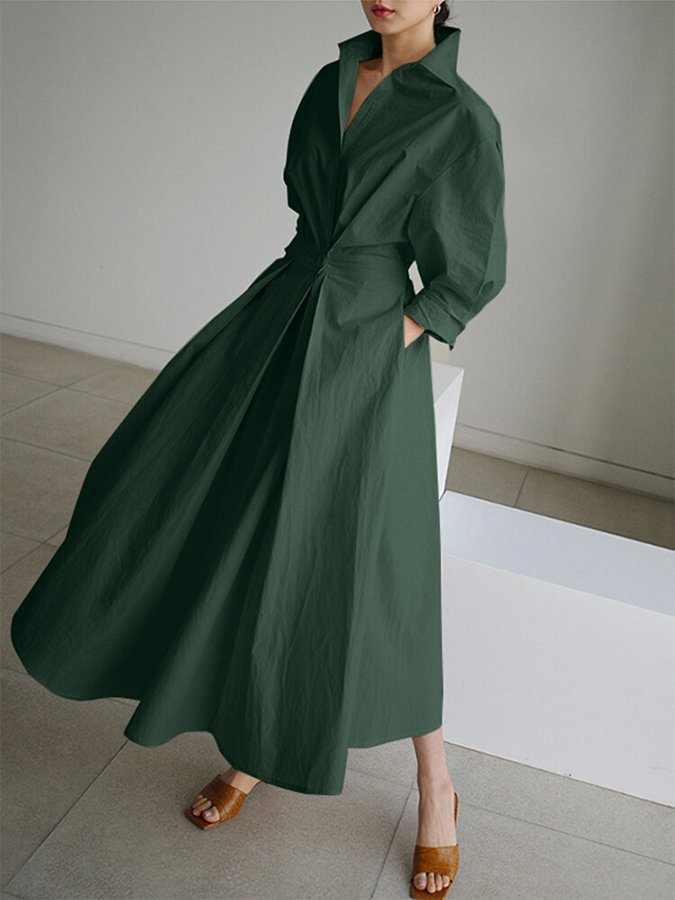 Thea | Women's Linen Collared Twist-Waist Maxi Dress