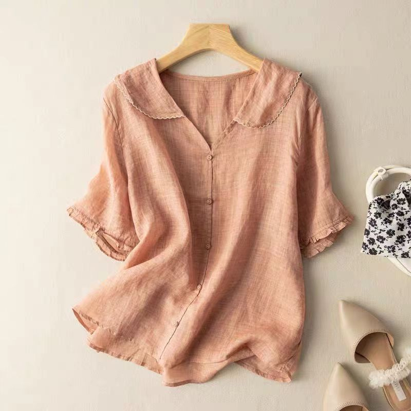 Thea | Women's Linen Peter Pan Collar Blouse with Frill Sleeves