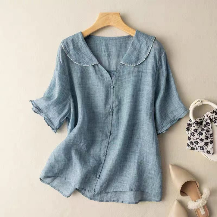 Thea | Women's Linen Peter Pan Collar Blouse with Frill Sleeves