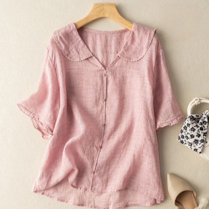 Thea | Women's Linen Peter Pan Collar Blouse with Frill Sleeves