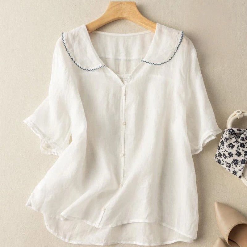 Thea | Women's Linen Peter Pan Collar Blouse with Frill Sleeves