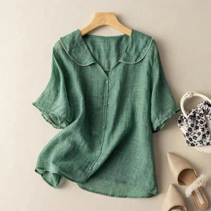 Thea | Women's Linen Peter Pan Collar Blouse with Frill Sleeves