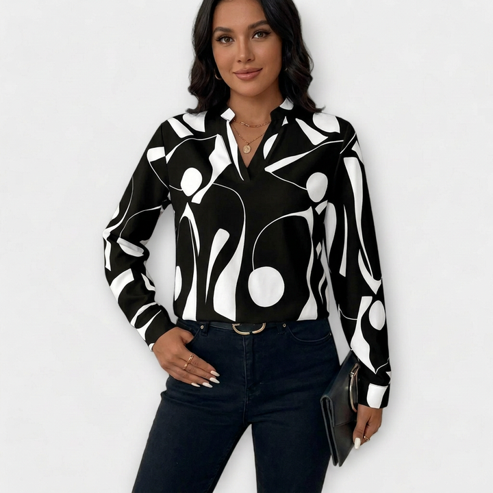 Thea | Women's Satin Abstract Print V-Neck Long Sleeve Blouse
