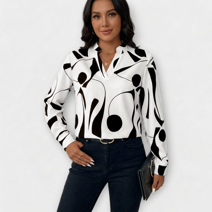 Thea | Women's Satin Abstract Print V-Neck Long Sleeve Blouse