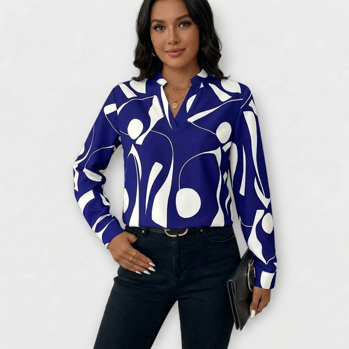 Thea | Women's Satin Abstract Print V-Neck Long Sleeve Blouse
