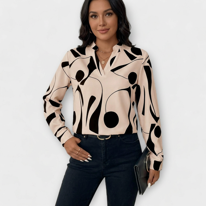 Thea | Women's Satin Abstract Print V-Neck Long Sleeve Blouse