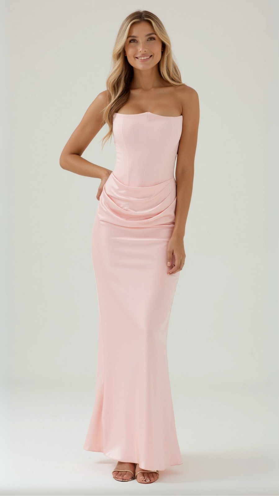 Valentina | Women's Satin Strapless Ruched Maxi Wedding Guest Dress