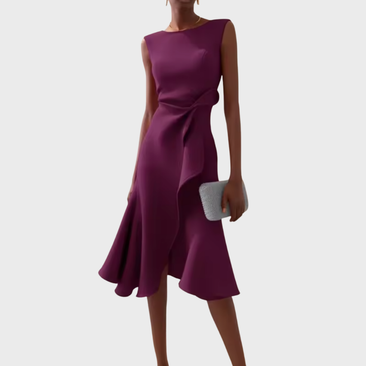 Vivienne | Women's Crepe Bow Waist Ruffle Midi Dress