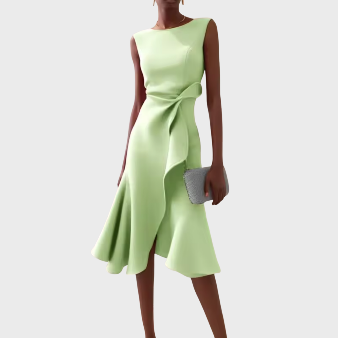 Vivienne | Women's Crepe Bow Waist Ruffle Midi Dress