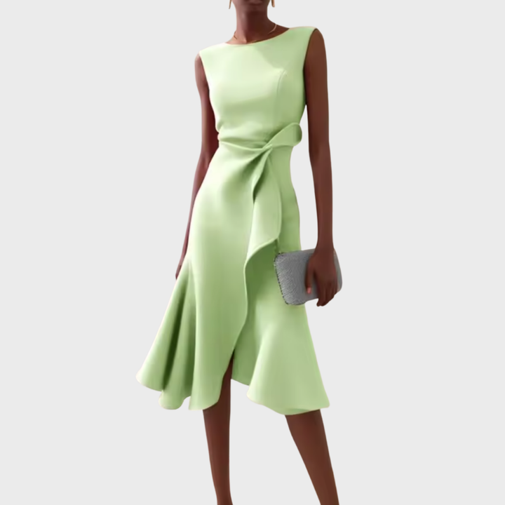 Vivienne | Women's Crepe Bow Waist Ruffle Midi Dress