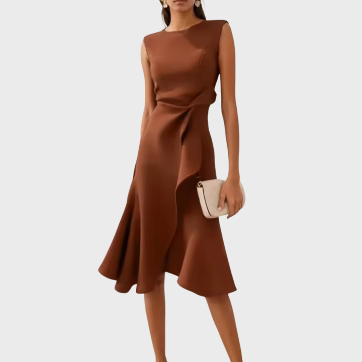 Vivienne | Women's Crepe Bow Waist Ruffle Midi Dress