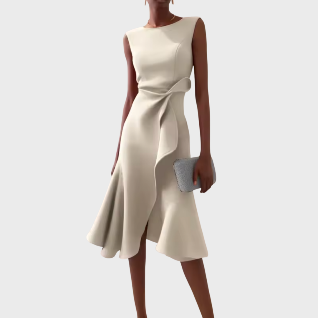 Vivienne | Women's Crepe Bow Waist Ruffle Midi Dress