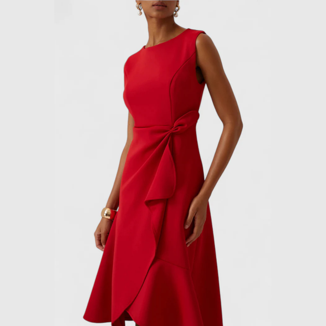Vivienne | Women's Crepe Bow Waist Ruffle Midi Dress