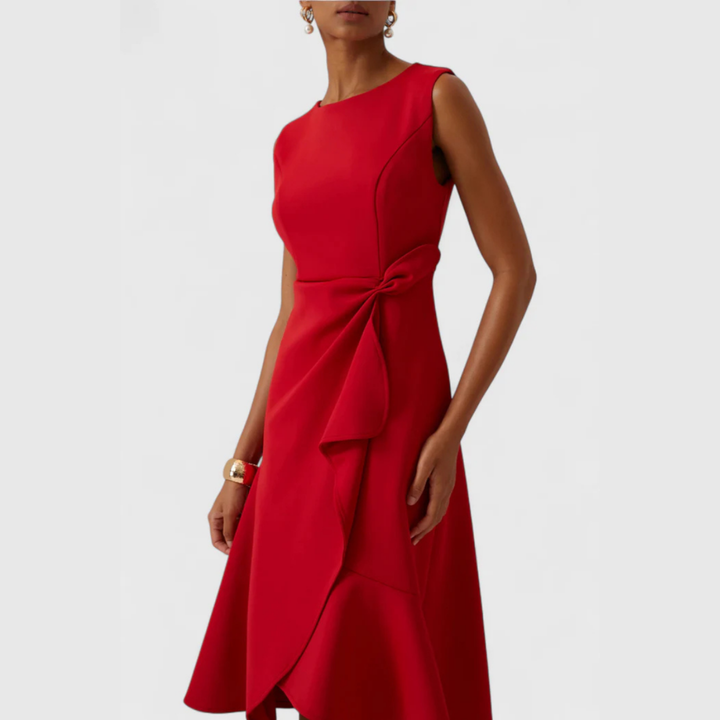 Vivienne | Women's Crepe Bow Waist Ruffle Midi Dress