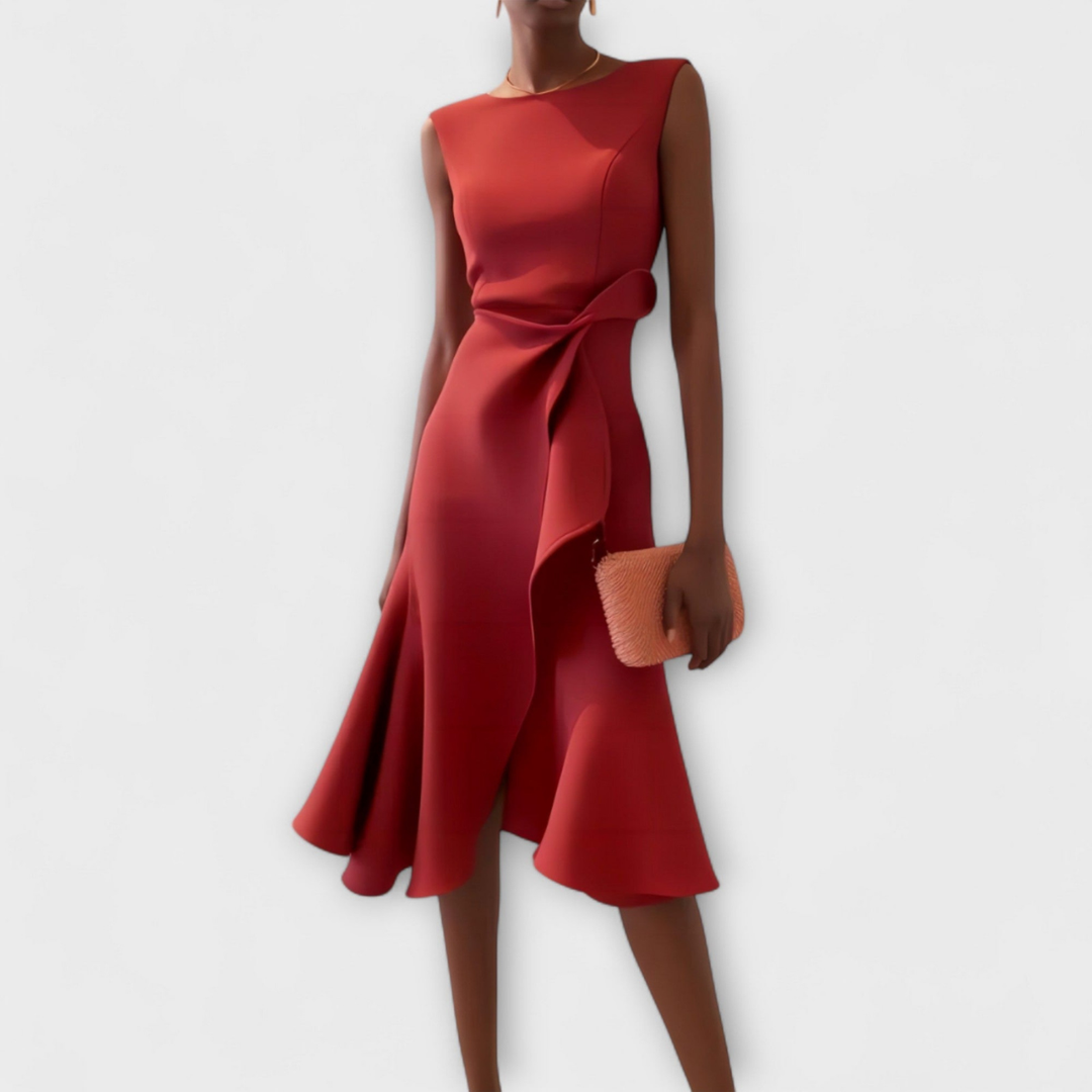 Vivienne | Women's Crepe Bow Waist Ruffle Midi Dress