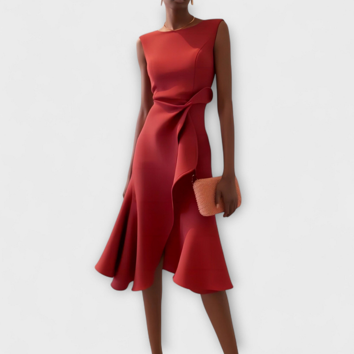 Vivienne | Women's Crepe Bow Waist Ruffle Midi Dress