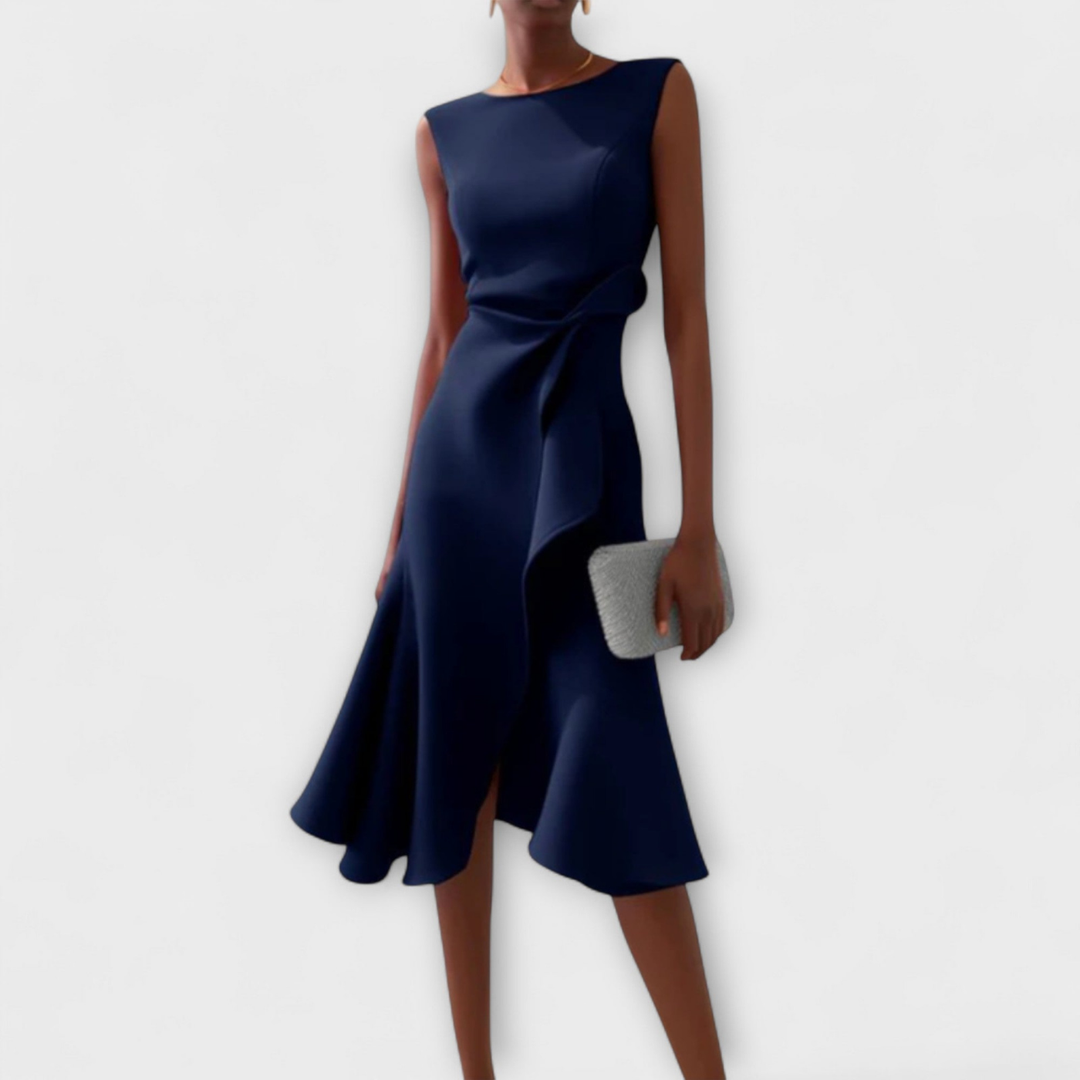 Vivienne | Women's Crepe Bow Waist Ruffle Midi Dress
