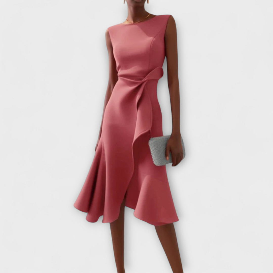 Vivienne | Women's Crepe Bow Waist Ruffle Midi Dress