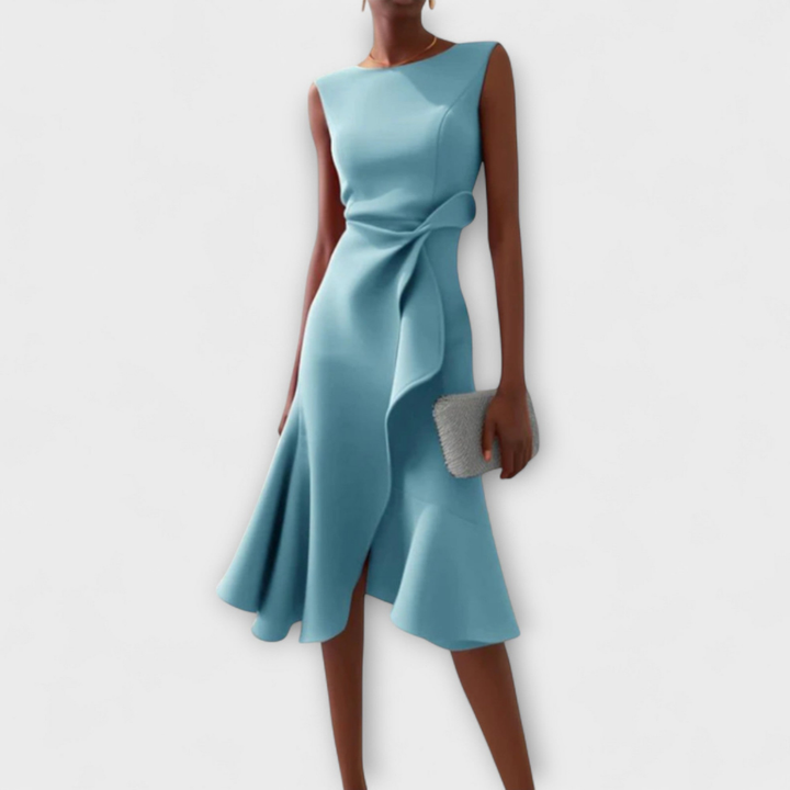 Vivienne | Women's Crepe Bow Waist Ruffle Midi Dress