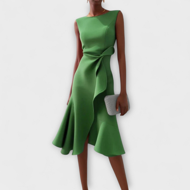 Vivienne | Women's Crepe Bow Waist Ruffle Midi Dress