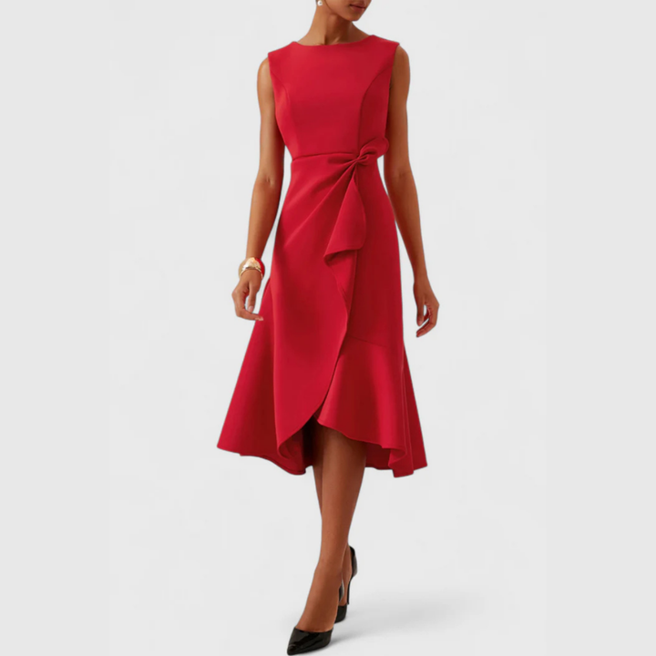 Vivienne | Women's Crepe Bow Waist Ruffle Midi Dress