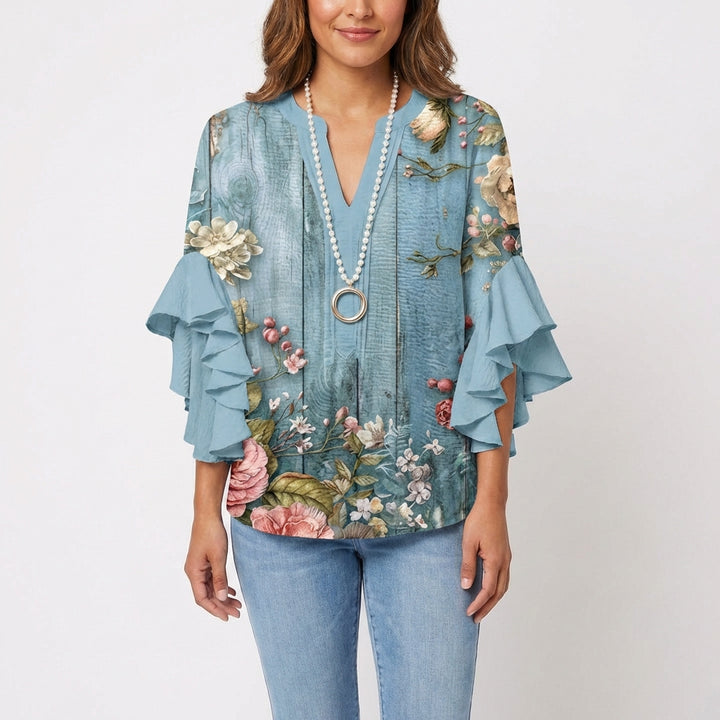 Wren | Women's Cotton Baroque Floral Ruffle Sleeve V-Neck Blouse