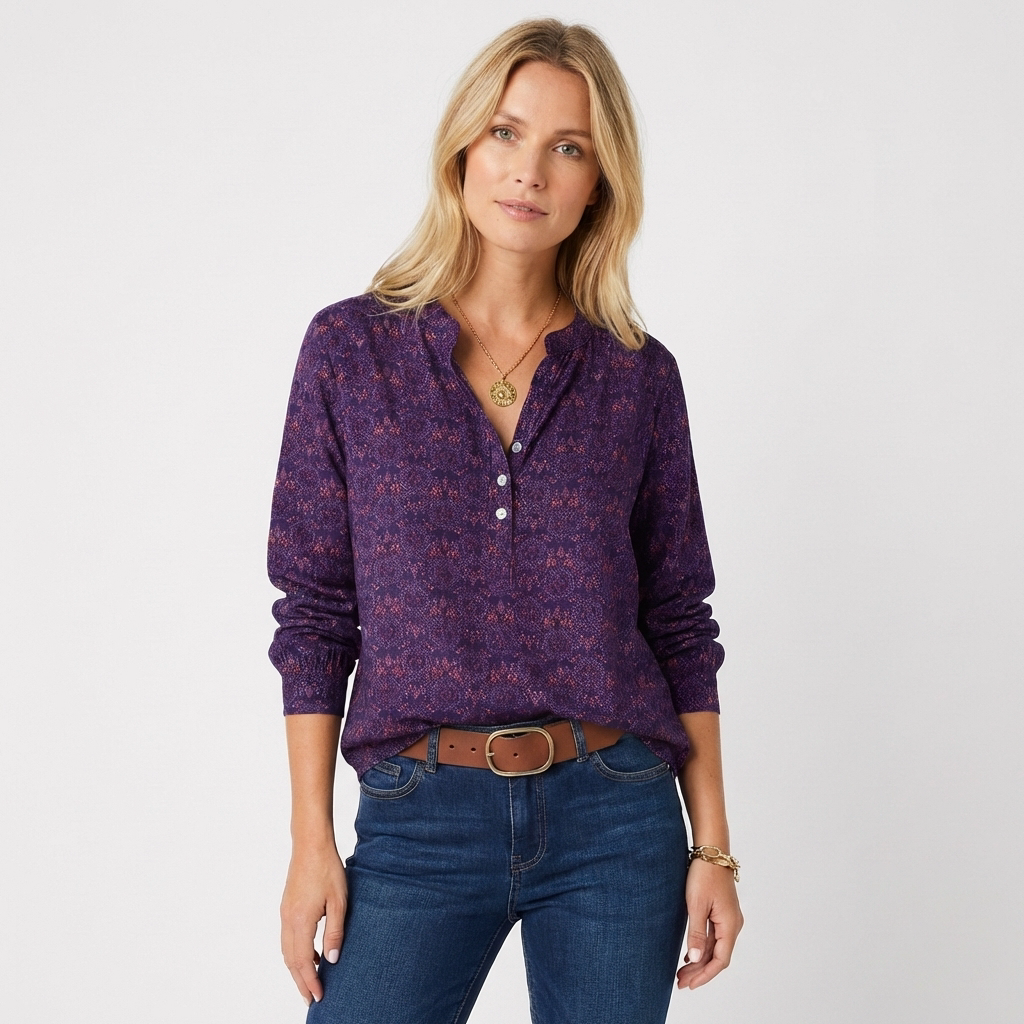 Wren | Women's Cotton Boho Print Button Neck Blouse
