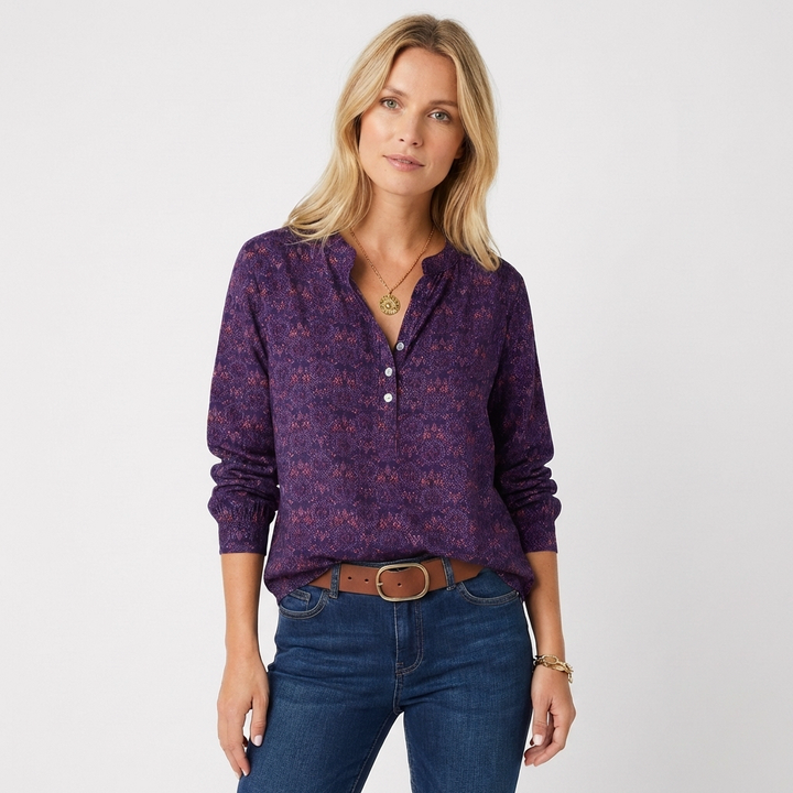 Wren | Women's Cotton Boho Print Button Neck Blouse