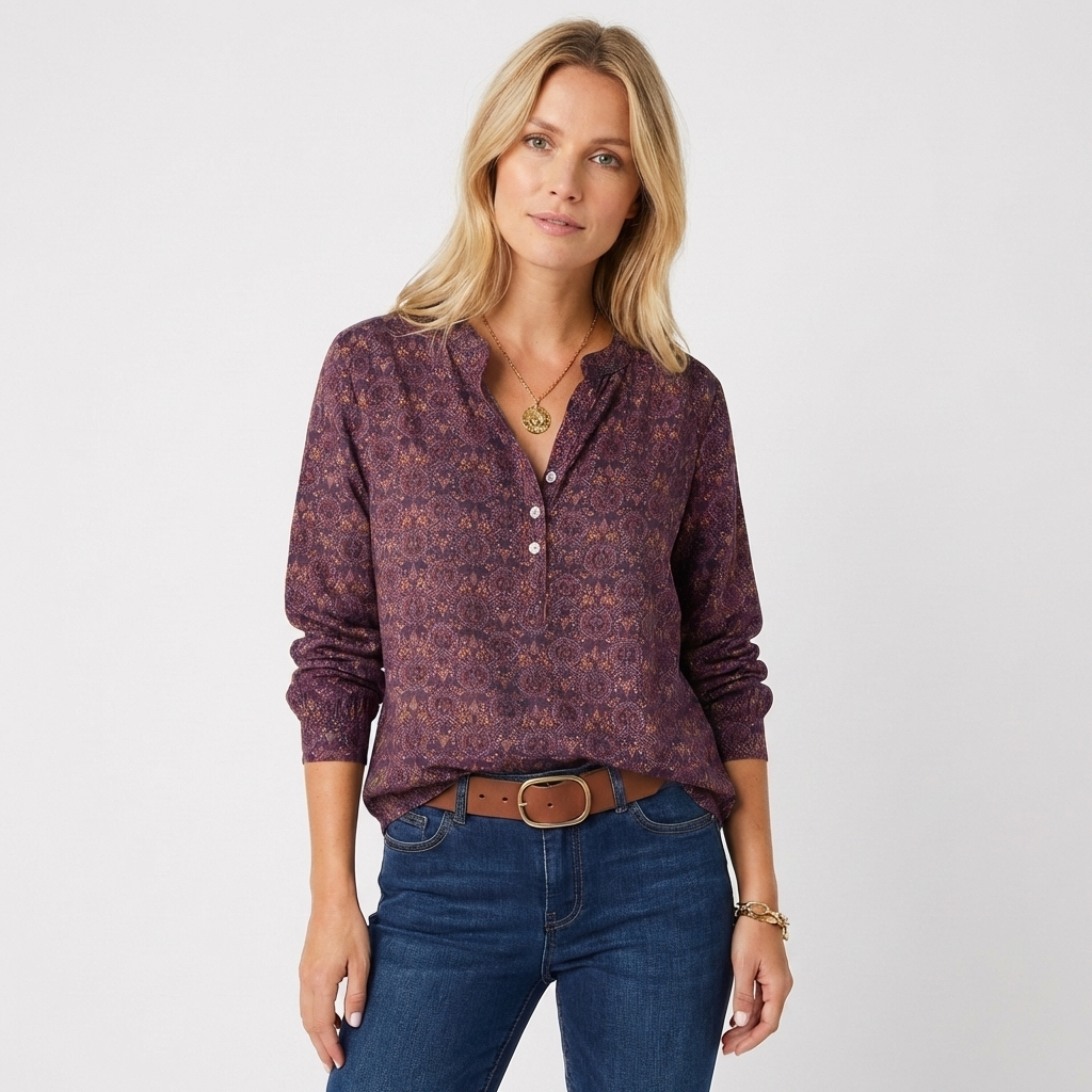 Wren | Women's Cotton Boho Print Button Neck Blouse