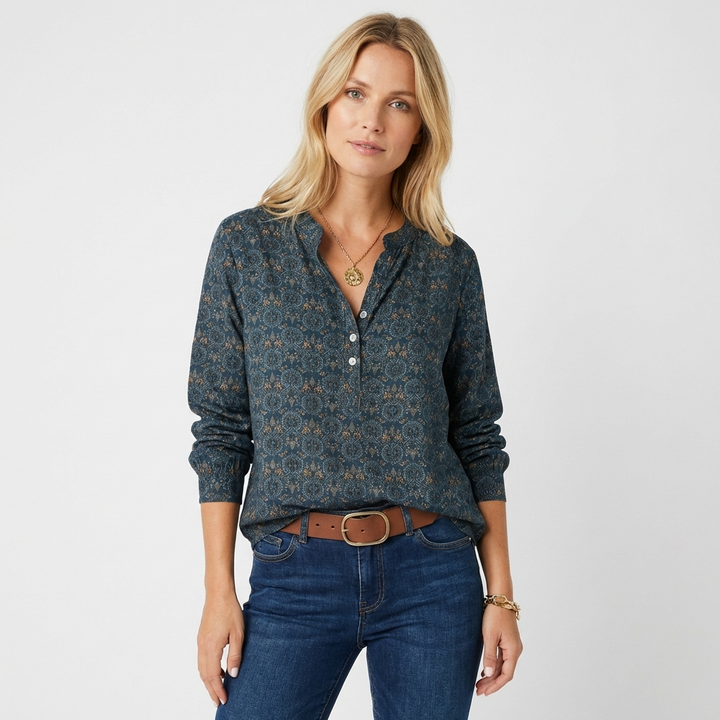 Wren | Women's Cotton Boho Print Button Neck Blouse
