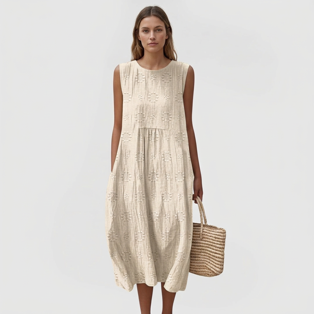 Wren | Women's Cotton Embroidered Sleeveless Cocoon Midi Dress
