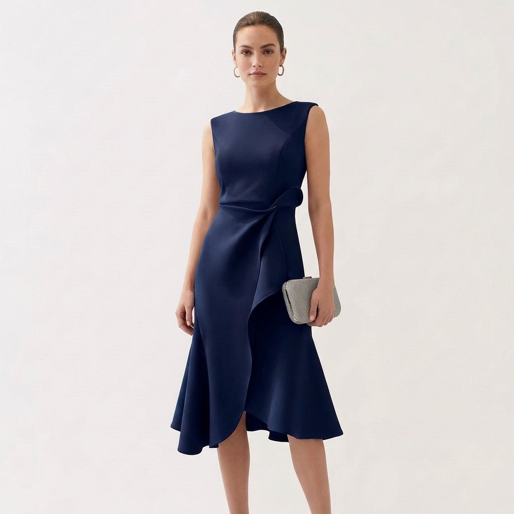 Wren | Women's Satin Sleeveless Ruffle Wrap Midi Dress Elegant