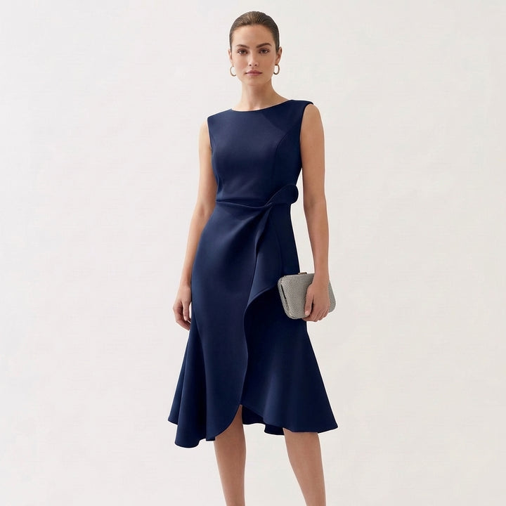 Wren | Women's Satin Sleeveless Ruffle Wrap Midi Dress Elegant