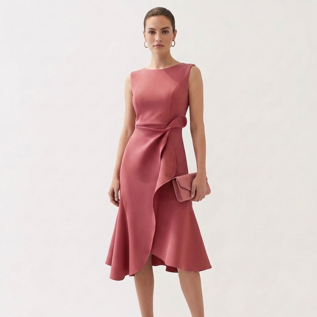 Wren | Women's Satin Sleeveless Ruffle Wrap Midi Dress Elegant