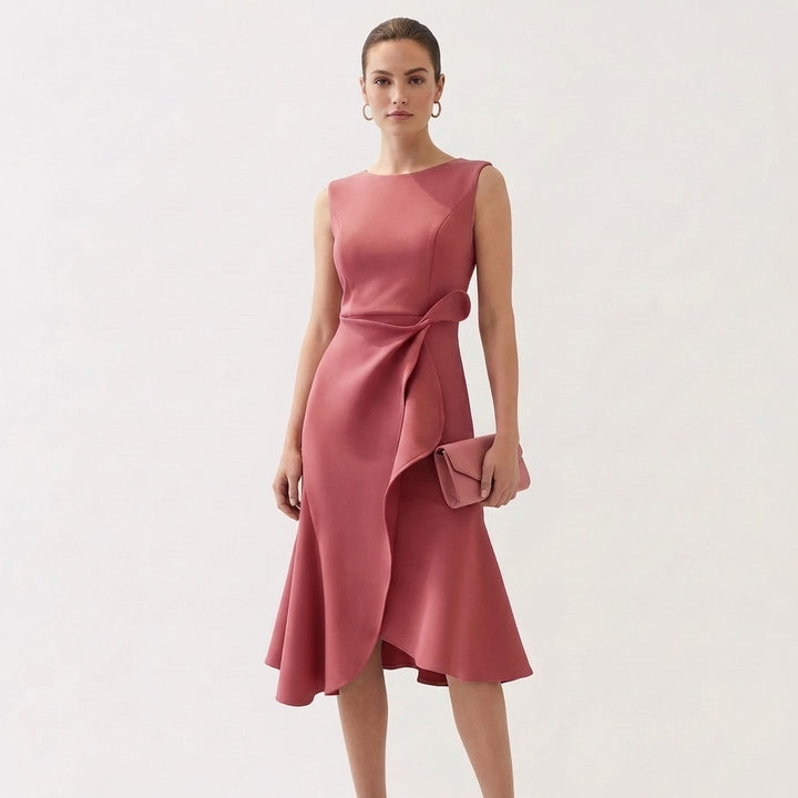 Wren | Women's Satin Sleeveless Ruffle Wrap Midi Dress Elegant