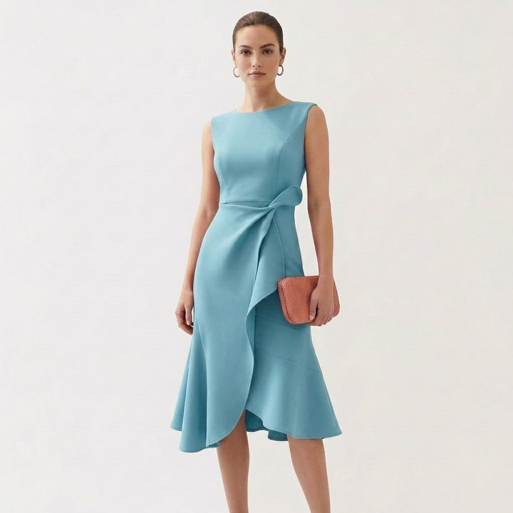 Wren | Women's Satin Sleeveless Ruffle Wrap Midi Dress Elegant