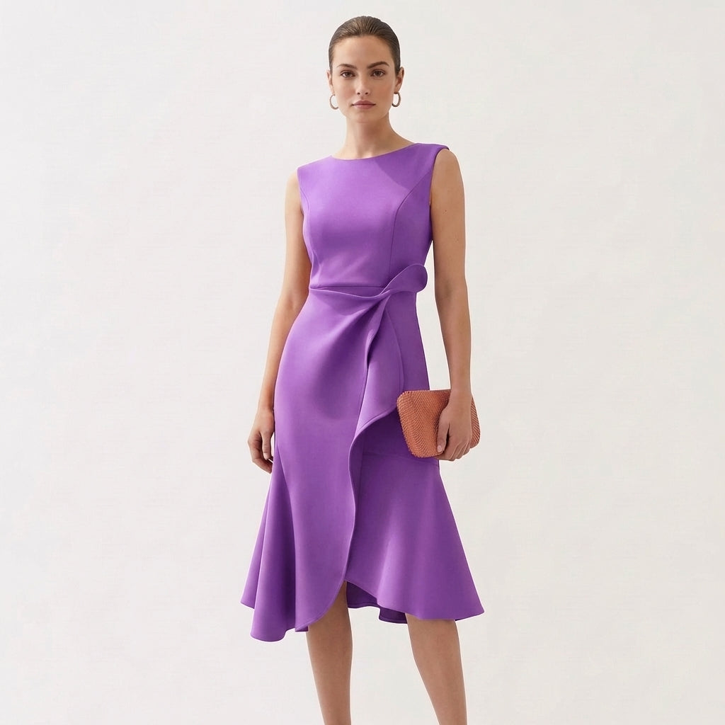 Wren | Women's Satin Sleeveless Ruffle Wrap Midi Dress Elegant
