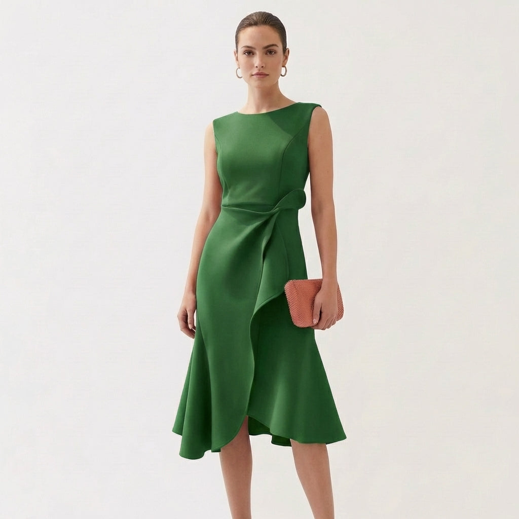 Wren | Women's Satin Sleeveless Ruffle Wrap Midi Dress Elegant