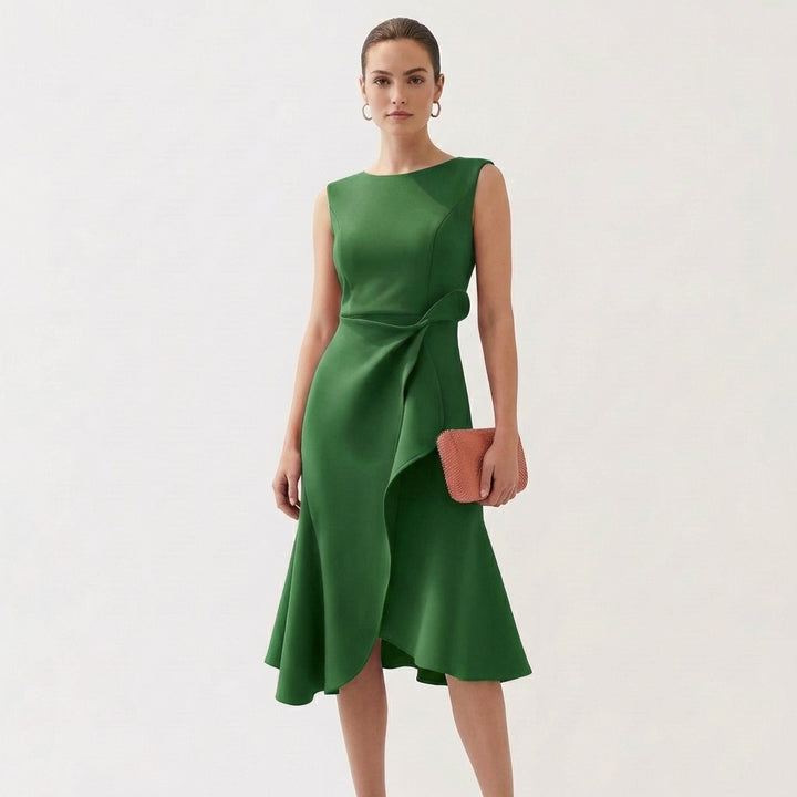 Wren | Women's Satin Sleeveless Ruffle Wrap Midi Dress Elegant