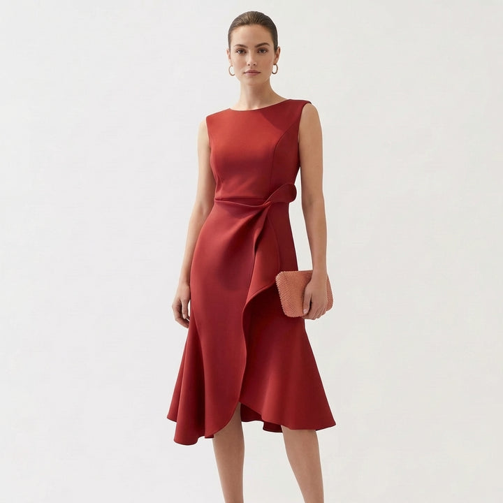 Wren | Women's Satin Sleeveless Ruffle Wrap Midi Dress Elegant