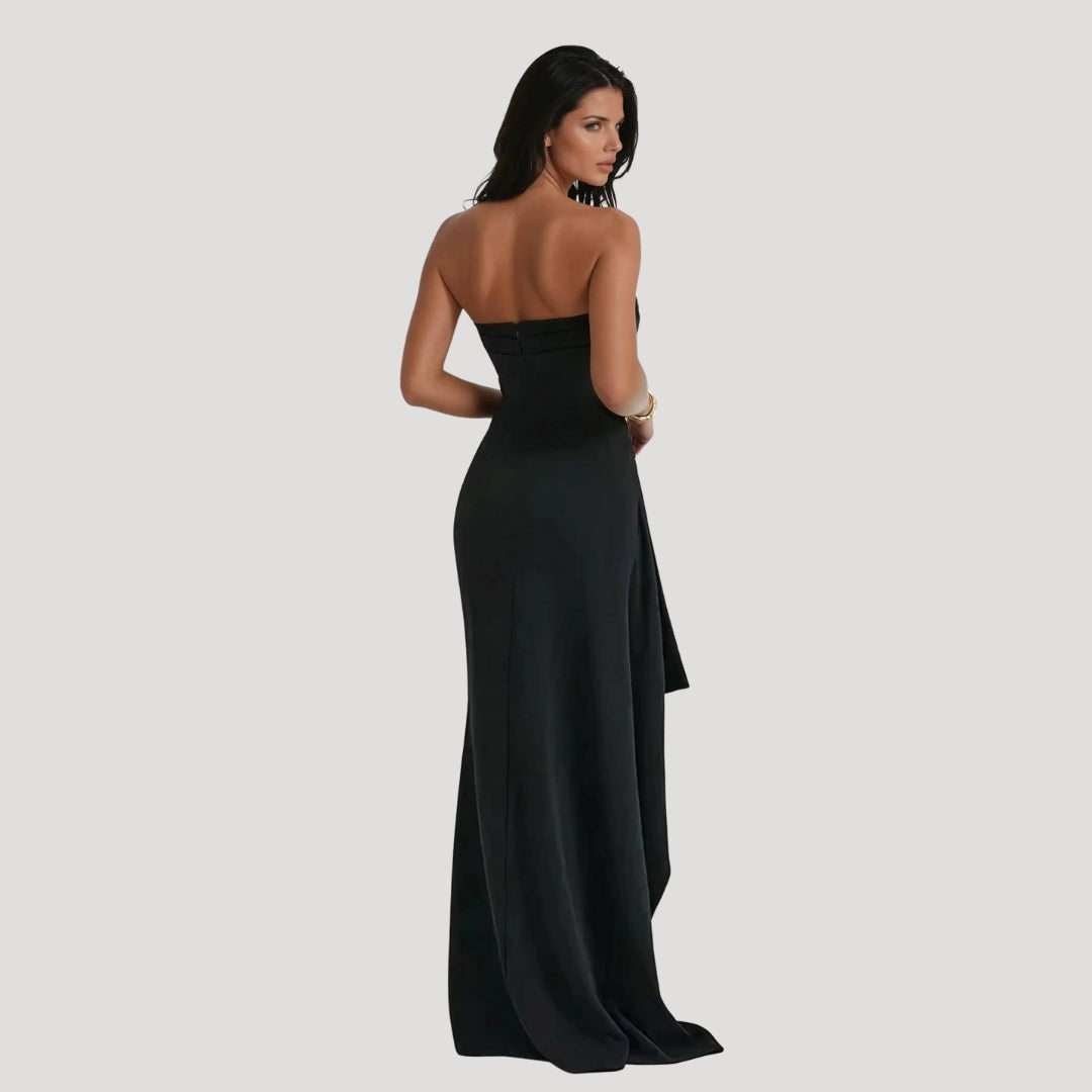 Zara | Women's Stretch Strapless Ruched High Slit Wedding Guest Dress