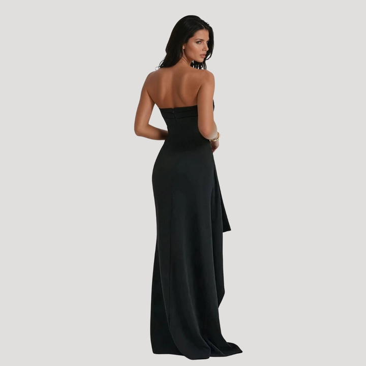 Zara | Women's Stretch Strapless Ruched High Slit Wedding Guest Dress