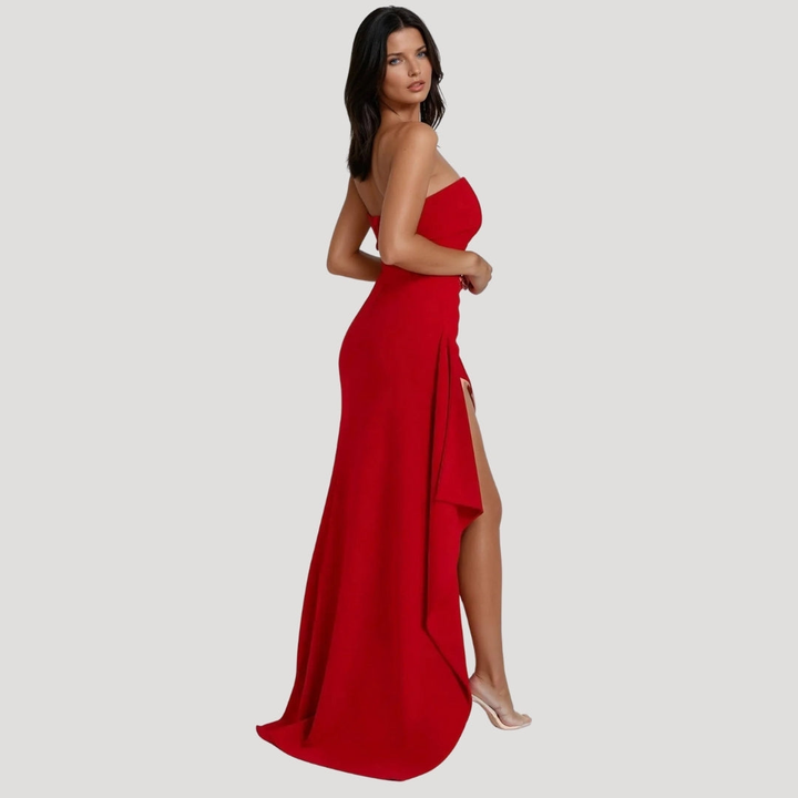 Zara | Women's Stretch Strapless Ruched High Slit Wedding Guest Dress