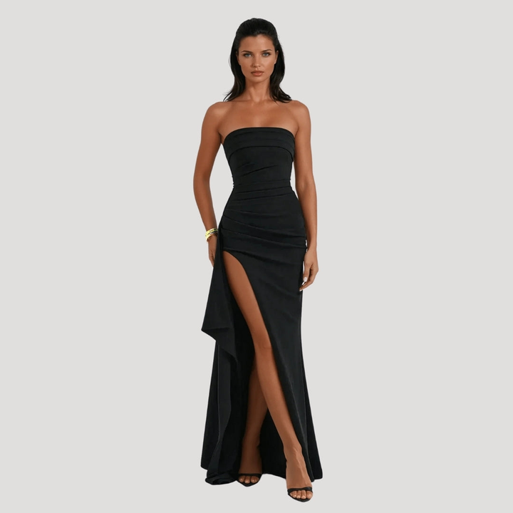 Zara | Women's Stretch Strapless Ruched High Slit Wedding Guest Dress